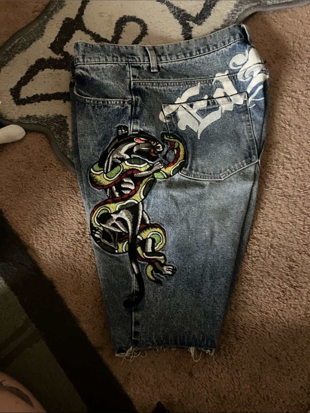 Ed Hardy Blue Denim Shorts with Bold Snake Patch